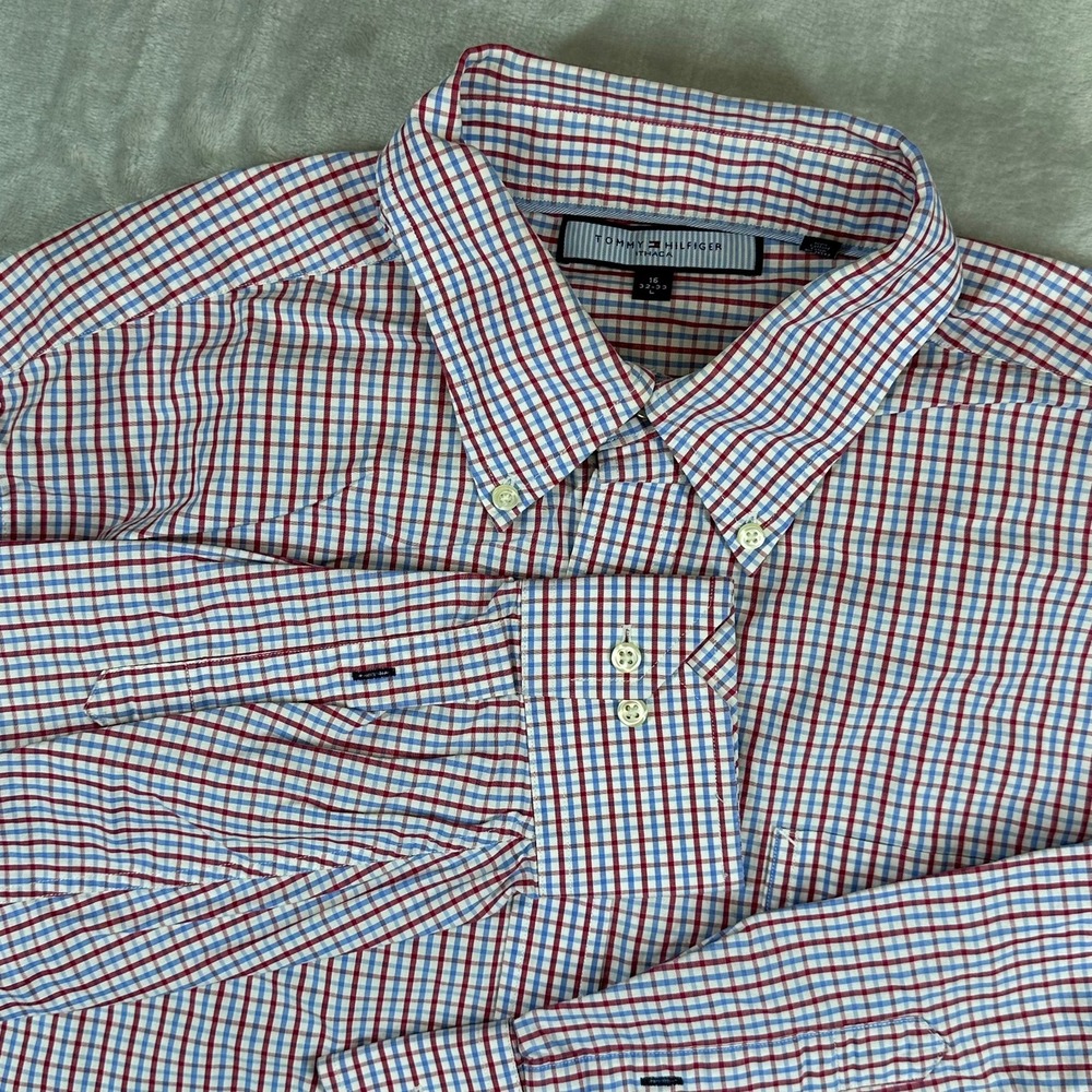 Tommy Hilfiger Ithaca Dress Shirt 16 32-33 Red White Blue Gingham Check Large‎